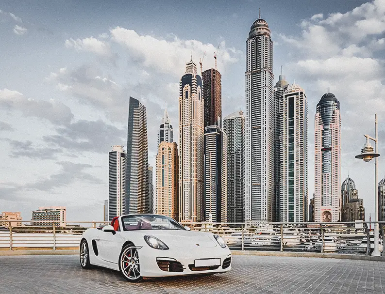 White Ferrari with Skyscraper Background View